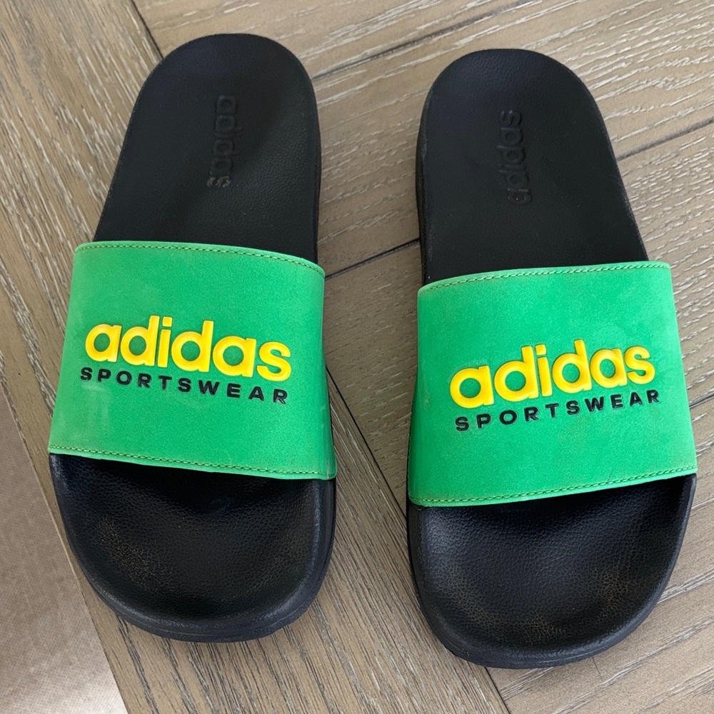 Adidas Black and Green Sportswear Slides